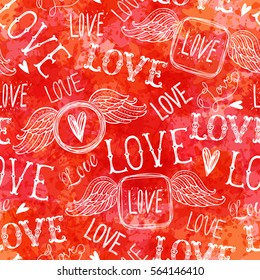 Seamless pattern of words "Love". Freehand drawing on a bright background.