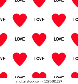 Seamless pattern with words Love and hearts. Vector illustration