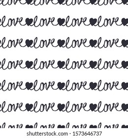 seamless pattern of the words love and hearts. eps10 vector illustration. hand drawing