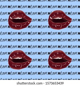 seamless pattern of the words love and hearts. lips, open mouth, cherry eps10 vector illustration. hand drawing