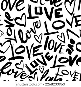 Seamless pattern with  words love and hearts. Ink illustration, dry brush rough edges. Handwritten lettering vector. Typographic style ornament for  greeting card, wrapping paper