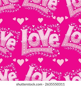 Seamless pattern with the words love and  hearts. Vector illustration.
