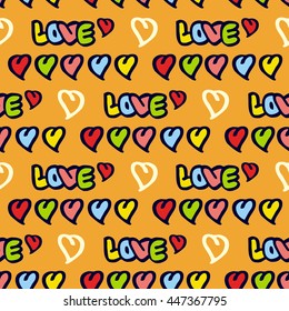 Seamless pattern with words "love". Original custom hand lettering. Funny background for greeting cards, invitations, prints.