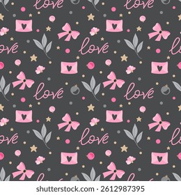 Seamless pattern with words Love and romantic elements. Printing on textile and paper. Vector illustration