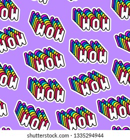 Seamless pattern with words “Wow” on purple background. Text patches vector wallpaper.