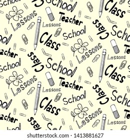 Seamless pattern with words on the school theme. Ruler, pen and pencil.