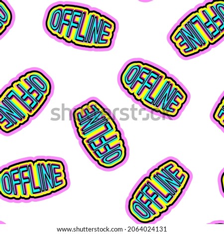 Seamless pattern with words patches, stickers“Offline" isolated on white background. Cartoon comic style wallpaper.
