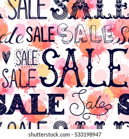 Seamless pattern of words. Sale. Freehand drawing