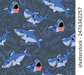 Seamless pattern with words and shark. Background for textile, fabric, stationery, kids and other design.