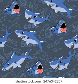 Seamless pattern with words and shark. Background for textile, fabric, stationery, kids and other design.