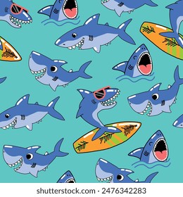 Seamless pattern with words and shark. Background for textile, fabric, stationery, kids and other design.