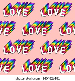 Seamless pattern with words “Love”. Text patches vector wallpaper. Quirky funny cartoon comic style.