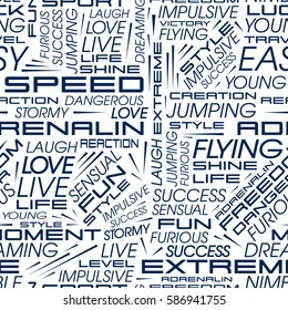 Seamless pattern of words. Vector pattern in the style of racing cars with the words speed, extreme, adrenaline and others.