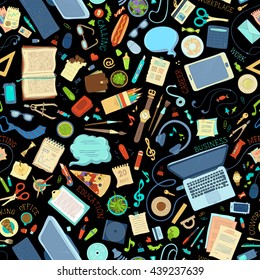 Seamless pattern of work place. Hand-drawn gadgets and office supplies on black background. 70+ items. Top view. Work and education. Stationery, food and drinks, laptop, mobile, pizza.