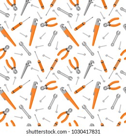 Seamless pattern with working tools and equipment - screwdriver, wrench, spanner, pliers, monkey wrench, gas wrench, screw
