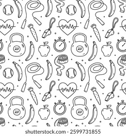 Seamless pattern with workout accessories - kettlebell, stopwatch, jump rope, measuring tape, whistle, fruits. Vector hand-drawn doodle illustration. Perfect for print, wallpaper, decorations.