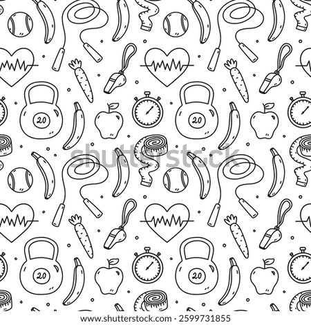 Seamless pattern with workout accessories - kettlebell, stopwatch, jump rope, measuring tape, whistle, fruits. Vector hand-drawn doodle illustration. Perfect for print, wallpaper, decorations.