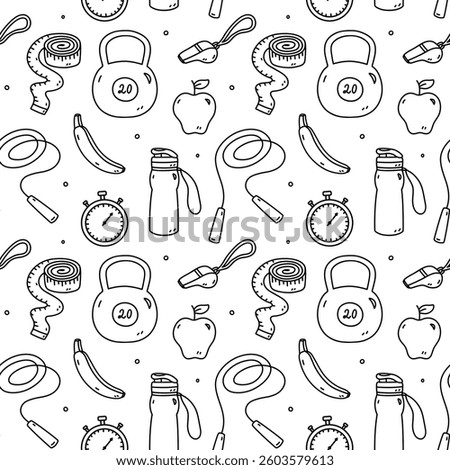 Seamless pattern with workout accessories - kettlebell, stopwatch, jump rope, measuring tape, whistle, fruits. Vector hand-drawn doodle illustration. Perfect for print, wallpaper, decorations.