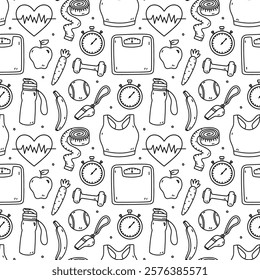 Seamless pattern with workout accessories - sports bra, dumbbells, whistle, stopwatch, measuring tape, fruits. Vector hand-drawn doodle illustration. Perfect for print, wallpaper, decorations