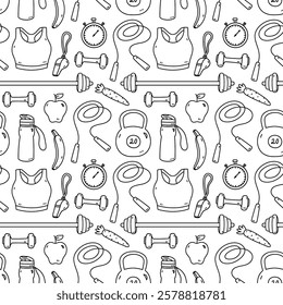 Seamless pattern with workout accessories - sports bra, kettlebell, barbell, whistle, stopwatch, jump rope, fruits. Vector hand-drawn doodle illustration. Perfect for print, wallpaper, decorations.