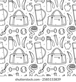 Seamless pattern with workout accessories - sports bag, dumbbells, whistle, mat for yoga, tennis ball, fruits. Vector hand-drawn doodle illustration. Perfect for print, wallpaper, decorations.