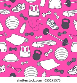 Seamless Pattern With Workout Equipment Set: Barbell, Dumbbell, Jump Rope, Mat, Fit Ball, Top, Shorts, Step, Sneakers. Pink Background