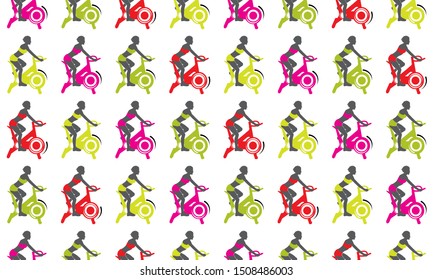 Seamless pattern workout in the gym. Woman trains on a stationary bike. Sports lifestyle. Vector illustration with young girl in gradient flat style