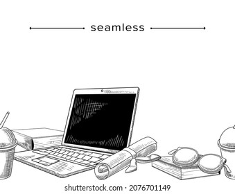 Seamless Pattern Workplace Office Desk, Work Space with Coffee Cup, Documents, Laptop, Glasses and Stationery. Work Place with Doodle Elements. Hand Drawn Sketch Border. Linear Vector Illustration