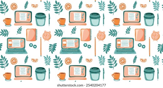 Padrão perfeito com espaço de trabalho com café, laptop e plantas, tons de laranja e verde