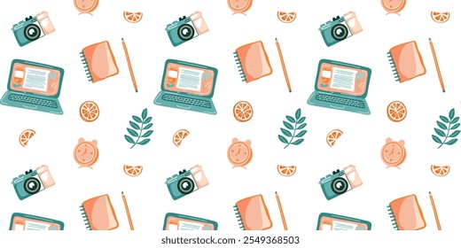 Seamless pattern with workspace with laptop and plants, orange and green tones	
