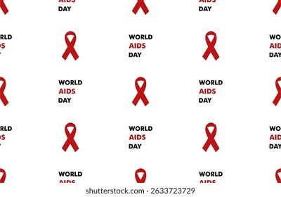 seamless pattern with world aids day text and red ribbon on white background