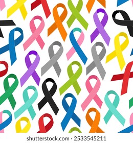 Seamless pattern for World Cancer Day. Cancer awareness. A lot of ribbons of different colors. flat illustration