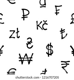 Seamless pattern of world currency icons. Black graffiti symbol of currency over white background. Vector illustration EPS 10