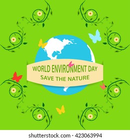 Seamless pattern of of World Environment Day on the green background. Save the Nature. 