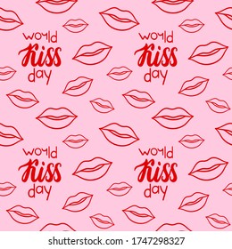 Seamless pattern with world kiss day inscription and red outline style lips. Decoration for World kissing day greeting card, poster, banner, site. Pink background, vector.