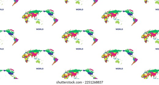 Seamless pattern of world maps in random colors. With the caption "WORLD".
