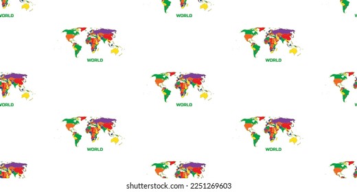 Seamless pattern of world maps in random colors. With the caption "WORLD".
