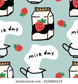 seamless pattern of World Milk Day. Happy Milk Day background. Milk with strawberries. childish naive vector illustration. template for Notebook covers, pattern for wallpapers, textile background