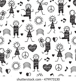 Seamless pattern with World Peace Day Symbols. International Holiday. Hand drawn doodle People, Peace, Love and Music Signs in Children drawing style - Vector Illustration