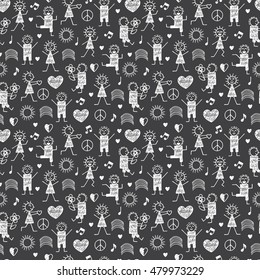 Seamless pattern with World Peace Day Symbols. International Holiday. Hand drawn doodle People, Peace, Love and Music Signs in Children drawing style - Vector Illustration
