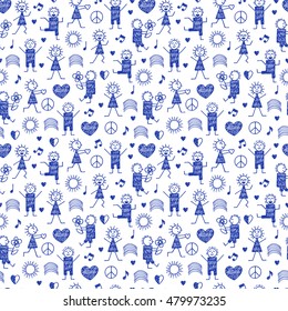 Seamless pattern with World Peace Day Symbols. International Holiday. Hand drawn doodle People, Peace, Love and Music Signs in Children drawing style - Vector Illustration