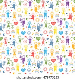 Seamless pattern with World Peace Day Symbols. International Holiday. Hand drawn doodle People, Peace, Love and Music Signs in Children drawing style - Vector Illustration