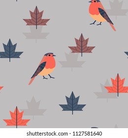Seamless pattern with worm colors birds with maple leaves