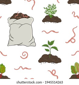 Seamless pattern with worms, compost pile and sack. Carrot and beet sprout in soil. Garden composting concept. Worms for vermicomposting. Farming and agriculture. Hand drawn vector illustration.