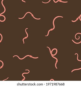 Seamless pattern with worms in soil. Pink earthworms in soil. Worms for vermicomposting. Farming and agriculture. Hand drawn vector illustration.