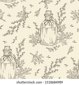 Seamless pattern wormwood and bottle of wormwood essential oil. Cosmetic, perfumery and medical plant. Vector hand drawn illustration.