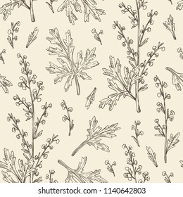 Seamless pattern with wormwood: wormwood branch, wormwood flowers and leaves . Cosmetics and medical plant. Vector hand drawn illustration.