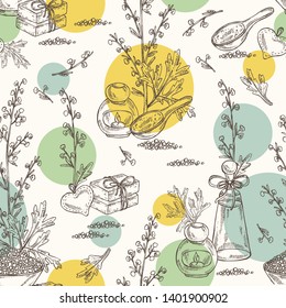 Seamless pattern with wormwood: wormwood branch, wormwood flowers, soap and bath salt . Cosmetic and medical plant. Vector hand drawn illustration.