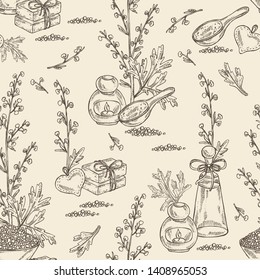 Seamless pattern with wormwood: wormwood branch, wormwood flowers, soap and bath salt . Cosmetic and medical plant. Vector hand drawn illustration.