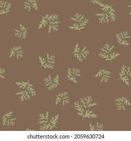 Madera de gusano sin foco sobre fondo marrón. Hermoso color verde adorno vegetal. Plantilla de textura aleatoria para tela. Diseñar ilustración vectorial.